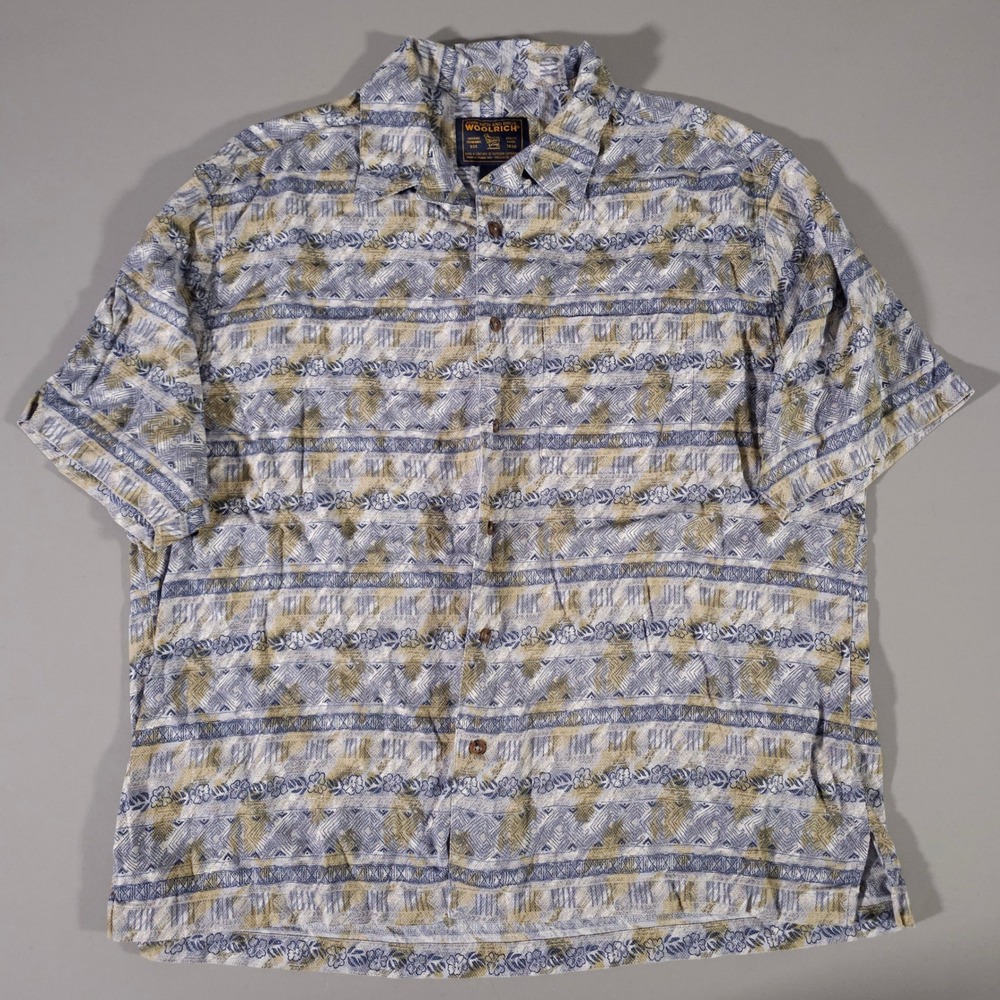 Woolrich Button Down Shirt Mens XL Blue Tan Geometric Floral Short Sleeve Cotton